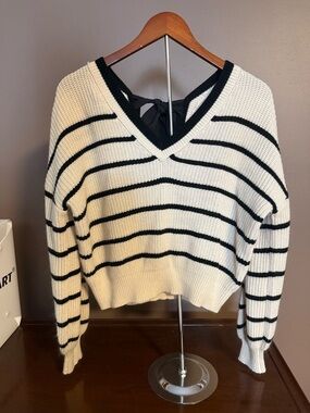 SHEIN Black and Cream Striped V-Neck Sweater